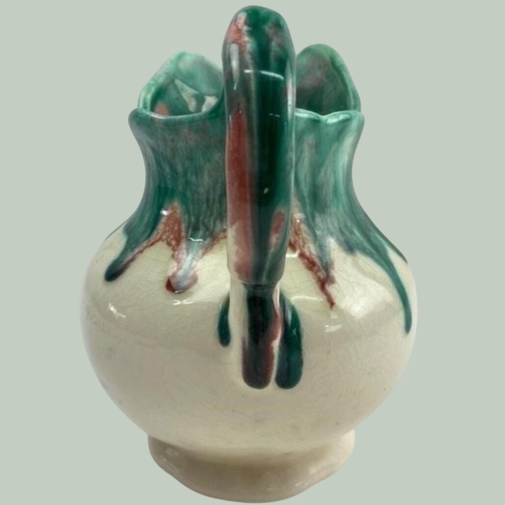 Vintage Drip Glaze Earthenware Pitcher Cream Green Burgundy Rustic Farmhouse - Picture 5 of 7